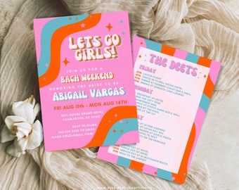 Lets go girls invitation, itinéraire de week-end de bachelorette, modèle d'invitation à une fête imprimable, invitations rétro bach, années 70, groovy, canva, bday