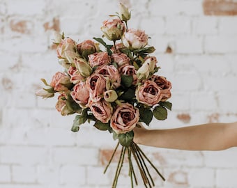 Dry look pink rose spray, single stem faux blush rose
