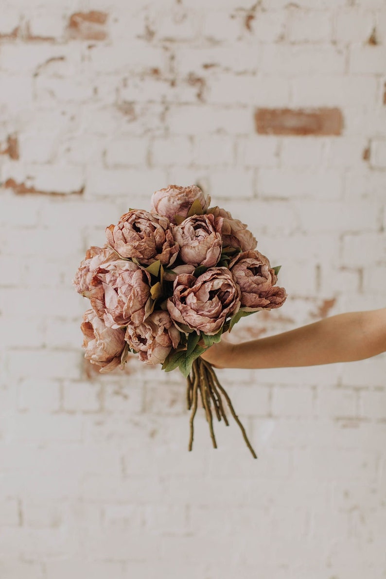 May include: A bouquet of blush pink peonies with green stems.