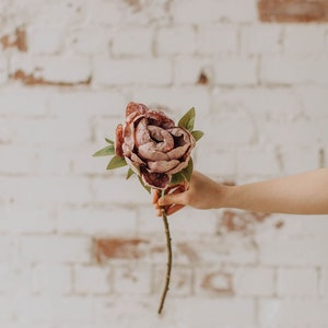May include: A single, pale pink peony flower with green leaves is held in a hand against a white brick wall background.