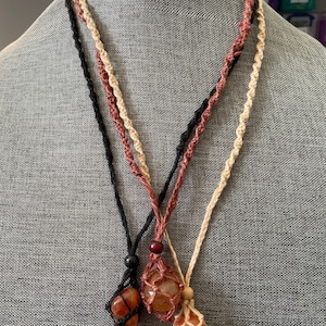 Uniquely crafted Hemp Macramé necklace with Carnelian crystal three colors to choose from