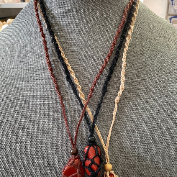 Uniquely crafted Hemp Macramé necklace with Red Jasper crystal three colors to choose from