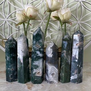 Beautiful Moss Agate Points great selection. The Gardner crystal stone.