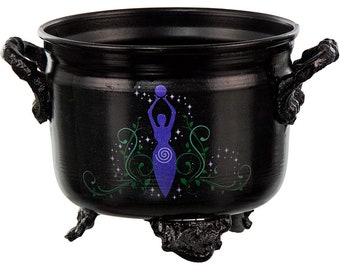 Black, Metal Witches Cauldron with Goddess print