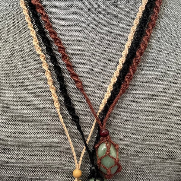 Uniquely crafted Hemp Macramé necklace with Aventurine crystal three colors to choose from