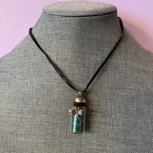 Small bottle with Green Aventurine chips and Dragonfly - black cord necklace - Good Luck - Money