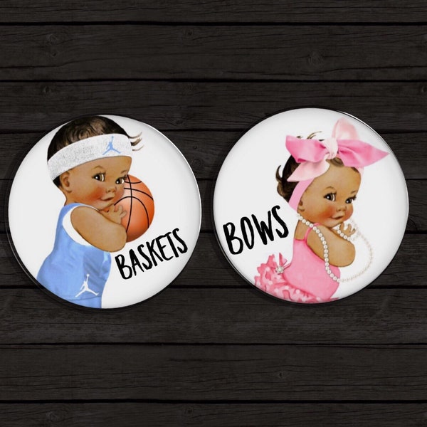 Gender Reveal Pins basketball buttons pins gender reveal ideas bows baskets basketball