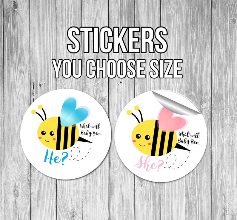 Gender Reveal Stickers bee gender reveal he or she stickers gender reveal party ideas bee gender reveal pink or blue what will it bee