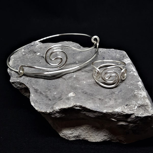 Double swirl Silver Bangle and Ring set, Gift for Her