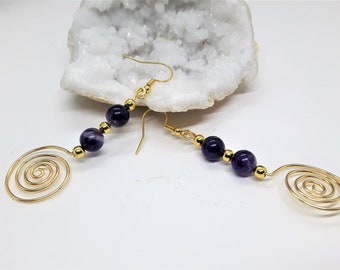 Boucles d'oreilles tourbillon de pierres précieuses améthyste, ethnique, bohème hippie chic, cadeau pour elle