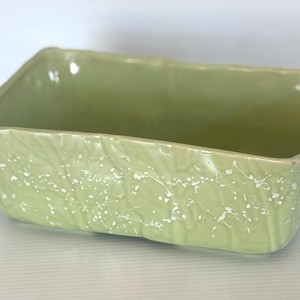 May include: A light green ceramic planter with a textured surface and white speckles. The planter is rectangular in shape and has a wide, shallow design.