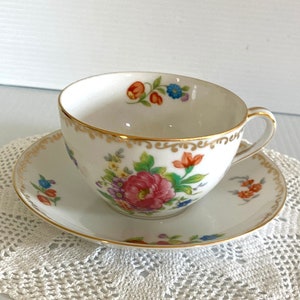 Vintage NORITAKE Floral Tea Cup/Flat Cup &quot;DRESDLINA&quot; - Tea Cup With Saucer Hand Painted Japan