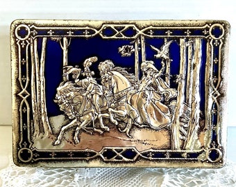 Vintage  Blue/Silver Riley's Toffee Tin Hinged Lid Medieval/Renaissance Hunting Scene in Blue and Silver Embossed