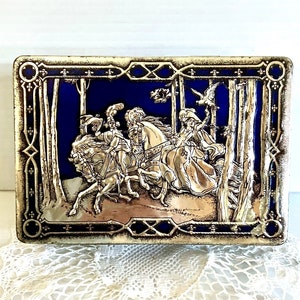 Vintage Blue/Silver Riley's Toffee Tin Hinged Lid Medieval/Renaissance Hunting Scene in Blue and Silver Embossed image 1