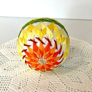 Vintage TEMARI Ball  For Well Being, Peaceful Home, Artfully Embroidered Motif - Diameter Measures 3.25in.