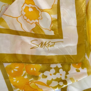 70s Floral Acetate Scarf - SM Kent - Yellow, White & Green - Made in Japan