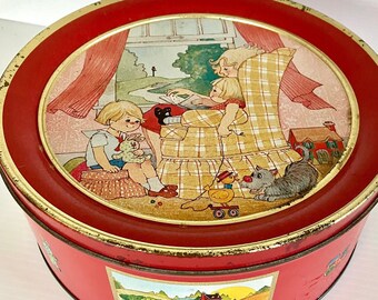 Vintage Shabby Metal Tin: "Story Time" Retro Kitsch (10in Diameter)
