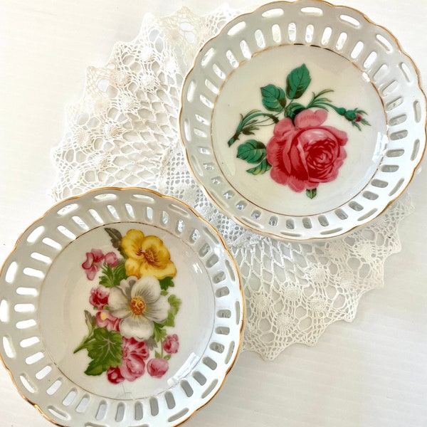 Vintage Floral Bowls (Set of 2) Porcelain Lace Edge Small Bowls - Kitchenware -Japan - 5in. Diameter