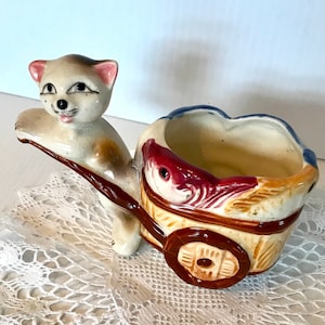 Vintage Indoor Planter - Cat Pulling A Fish Cart - Measures 4in Tall And 5.5in Long