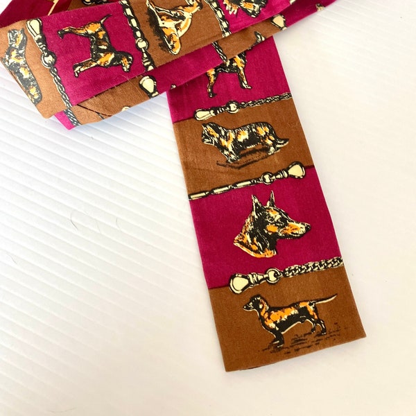 Vintage Hand Printed For "Rooster"  Men's Neck Tie - Dogs - Pink/Brown/Orange - By Sun Fabrics -Skinny Tie/Straight Edge - About 54in. Long