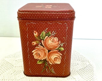 Vintage Floral Tin With Lid  - Square Tin Canister- Tulips/Roses - Measures 5.75in Tall