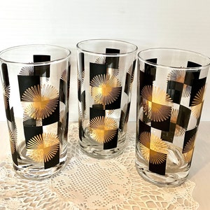 Atomic Drinkware Starburst Diamonds Collins Glasses Set of 4 Yellow & Black