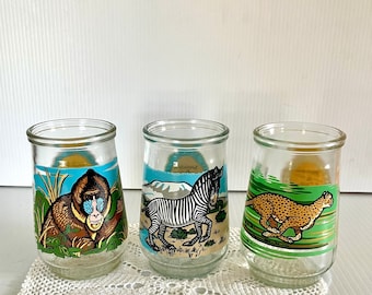 Vintage (Set of 3) Welch's Jelly Jars Endangered Species Collection - Mandrill/Grevy's Zebra/Cheetah