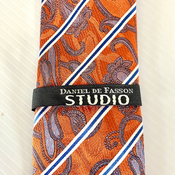 Vintage DANIEL DE FASSON Studio Mens Orange/Blue Silk Neck Tie  - 58in long - New Tag Attached