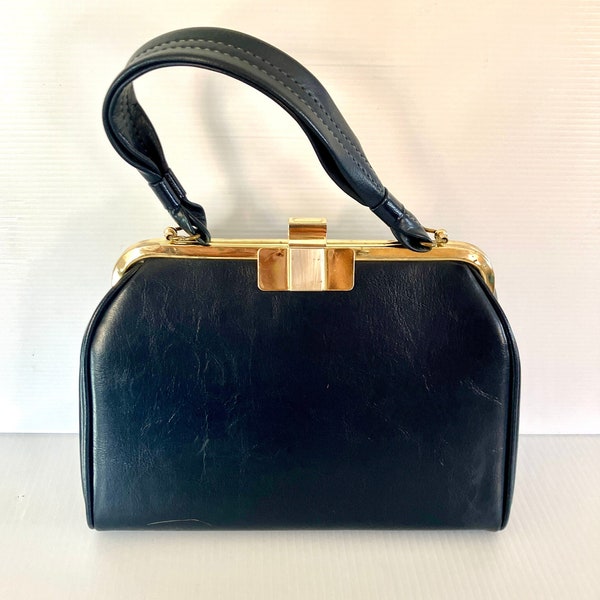 Vintage Navy Blue Vinyl Handbag - No Brand - Great Condition! Measures 10.75in Wide and 7.5in Tall