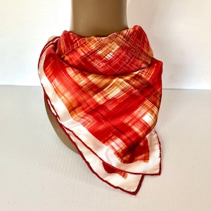 Vintage All Acetate Satin Scarf - Hand Rolled - Japan - Red/Brown/Creamy White Border - Measures 27in x 27in
