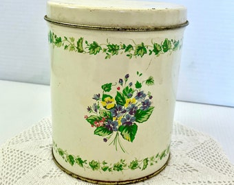 Vintage Cream Tin "Ballonoff" Canister with Bouquet of Flowers on front & Back/Ivy Leaf Border - About 5in Tall - USA