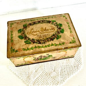 Vintage Louis Sherry Hinged Lid Shabby Tin -  Candy Tin Chocolates- (VERY FADED) Violets CANCO - 2.5in Tall