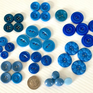Vintage Blue Plastic Buttons: Mixed Lot of 39, Various Sizes
