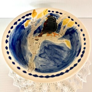 Ceramic Art Pottery Bowl: Bird on Branch, Collectible BEV Marked