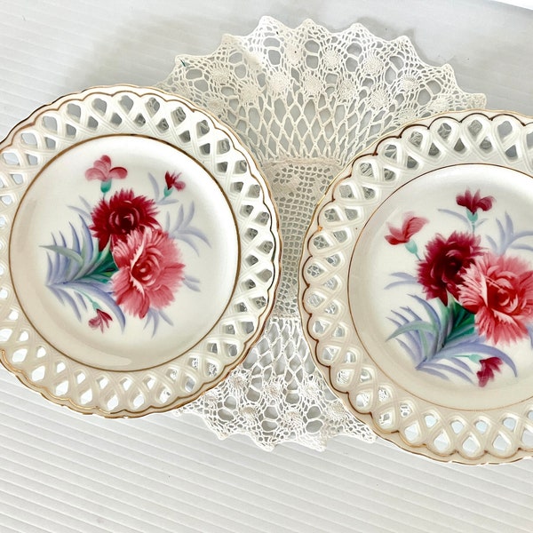 Vintage  Floral Plates (Set of 2) Porcelain Lace Edge Plates -Hand Painted - Kitchenware -Japan - 6.25in. Diameter