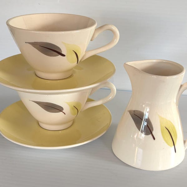 Vintage Stetson China Teacups and Saucers with Creamer Mid Century Modern leaf Design