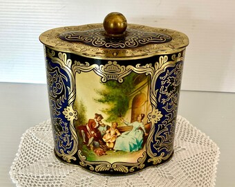 Vintage Tea Biscuit Candy Tin With Lid - Made in West Germany - Victorian Courting Couple Scene 6in. Tall