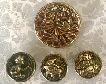 4 Vintage Picture Buttons-  Three Birds- One Cherub