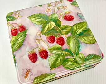 Vintage Raspberry Square Tin Container - Collectable - Measures 8.5in x 2.5in.