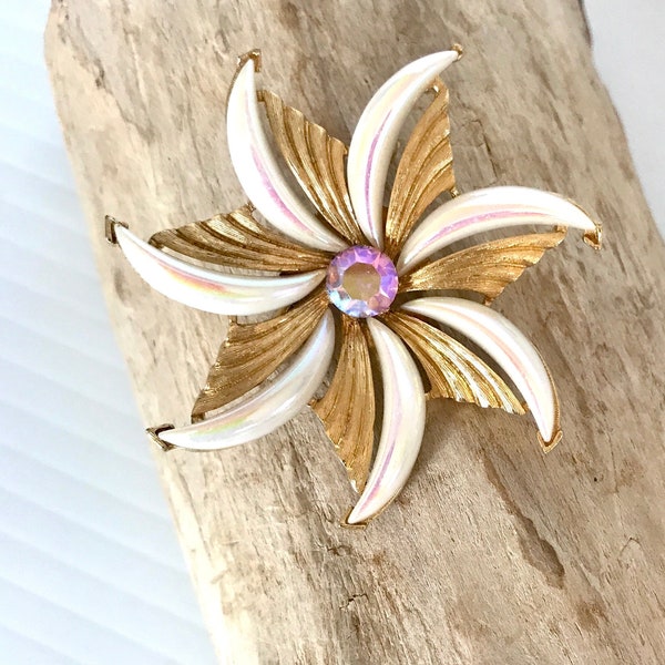 Vintage MARBOUX Floral Gold Tone Brooch - Rhinestone Center - Fashion/Costume Jewelry, Gift- 2in Diameter