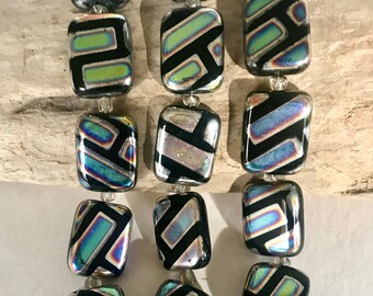 One Strand of Rectangle Jet Black iridescent Glass Beads - Old New Stock-Geometric Pattern