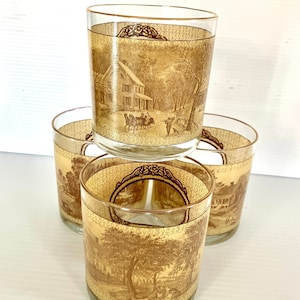 Vintage Currier & Ives Rocks Glasses: Four Seasons Farm Scene, Set of 4