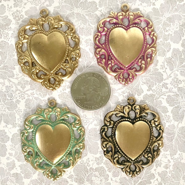 One Vintage Stamped Large Brass Ornate Heart Pendent - Select Styles/Patina Include: Pink, Green, Black and Raw Brass -1960's Made in France