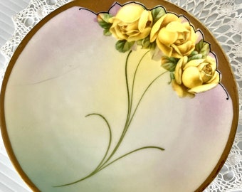 Vintage PM Bavaria Hand-Painted Plate: Yellow Roses, Gold Trim (6in)