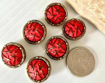 Vintage Brass/Red Center Textured Buttons - Quantity 6 Diameter Measures .75in.