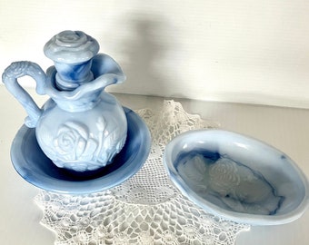 Vintage "AVON" Victorian Vanity Perfume/Bubble Bath Pitcher with Basin/Soap Dish  - Blue Milk Glass- Carved Rose Accents -About 5.5in tall