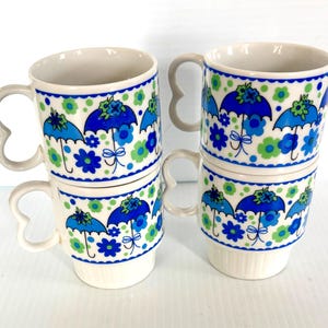 Vintage 1960s Mod Umbrella Flower Stackable Mugs Set of 4 Japan