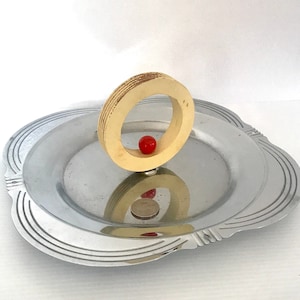 Vintage Art Deco Chrome Tray With Light Yellow Wood Round Handel - Serving Tray, Decorative, Coffee Table Tray