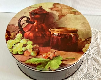 Vintage Round Fig Tin - Still Life , Grapes & Wine - Diameter Measures 8.25