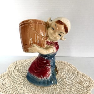 Vintage Dutch Girl Planter - Holding A Wooden pail - Indoor Planter